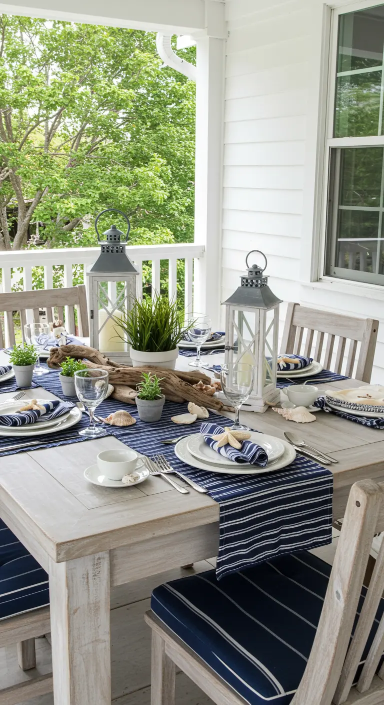 Maritiem gedekte brunchtafel op veranda met strepen en schelpen.