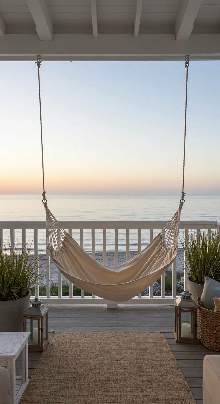 Crèmekleurige hangmat op een veranda met uitzicht op zee en een jute kleed.