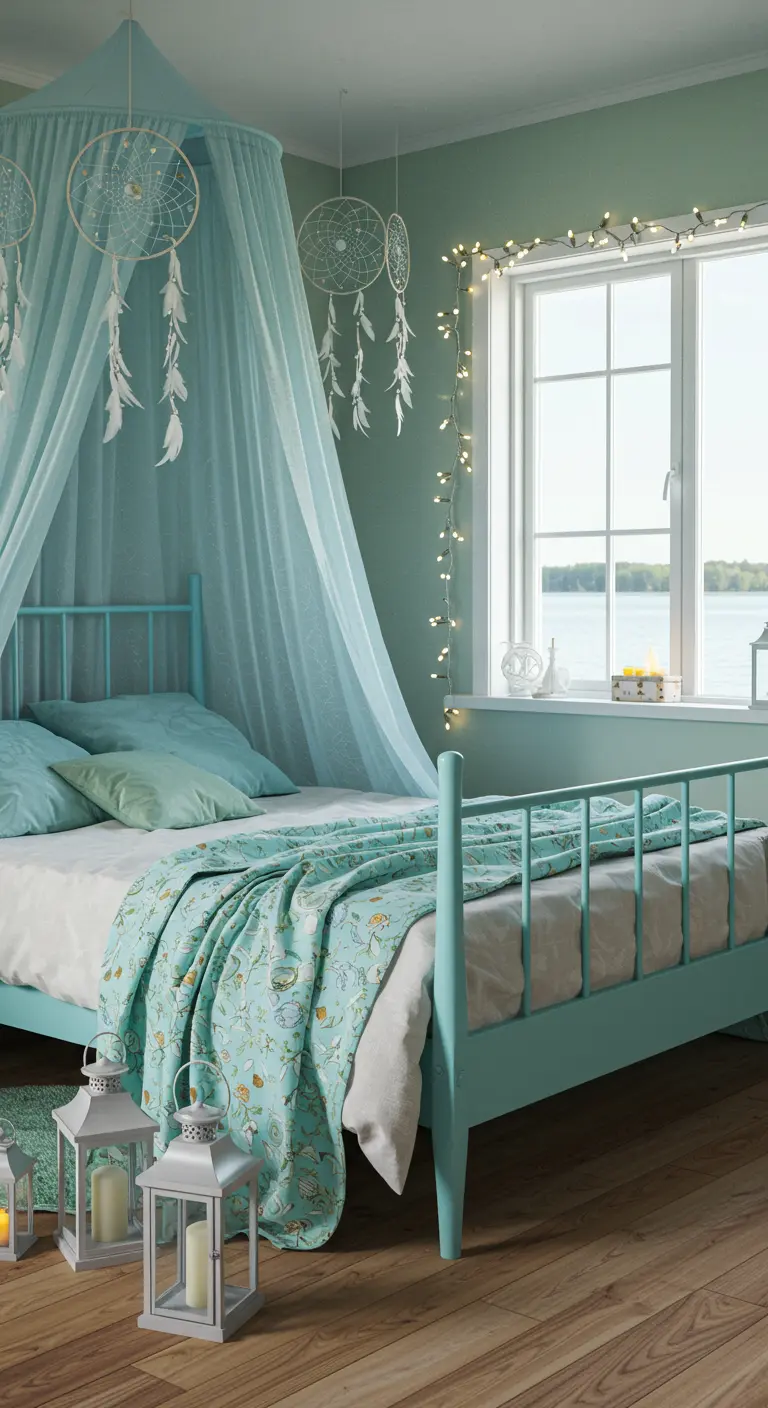 Slaapkamer in aqua tinten met luifelbed, dromenvangers, lantaarns en raamverlichting.