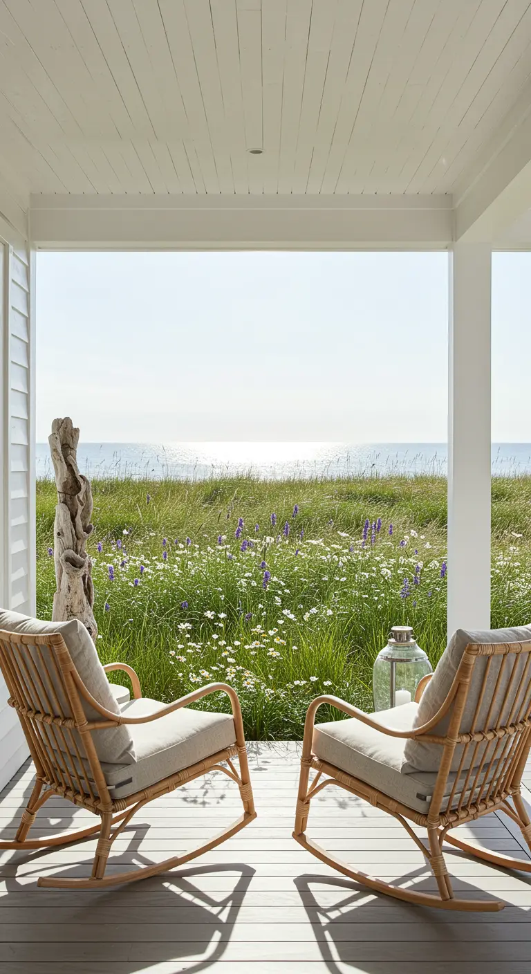 Twee lichte rotan schommelstoelen op een witte veranda met uitzicht op een duinlandschap en glinsterende zee.