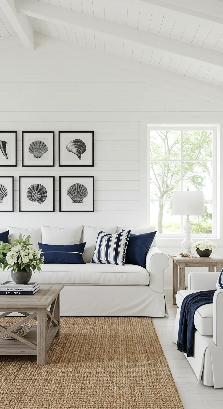 Kuststijl woonkamer met witte muren, witte bank, nautische kussens en jute vloerkleed.