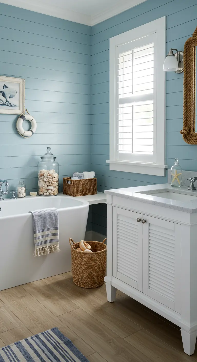 Badkamer in kuststijl met lichtblauwe shiplap wanden, wit meubilair en maritieme decoratie.