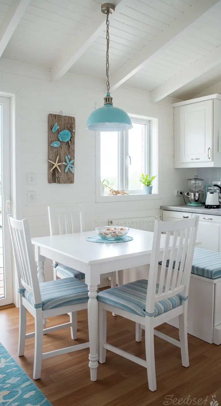 Witte eethoek in beachstijl met blauw-wit gestreepte kussens en turquoise lamp.
