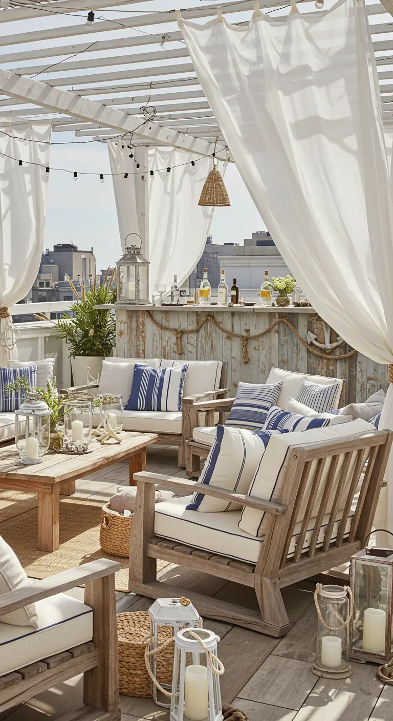 Nautisch dakterras met witte houten meubels en blauw-witte kussens.