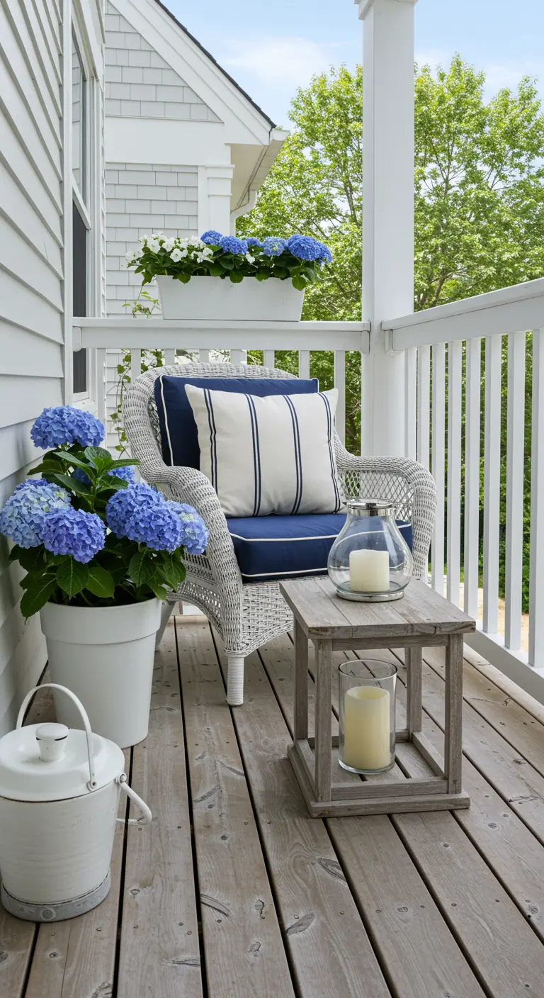 Balkon met witte rieten stoel, blauwe hortensia's en houten lantaarn.