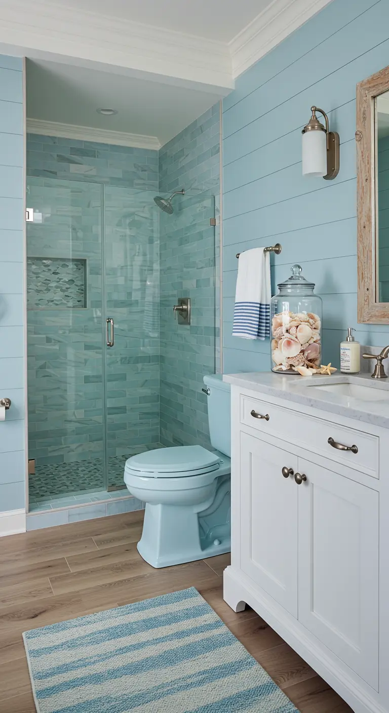 Badkamer in kuststijl met lichtblauw toilet en witte lambrisering.