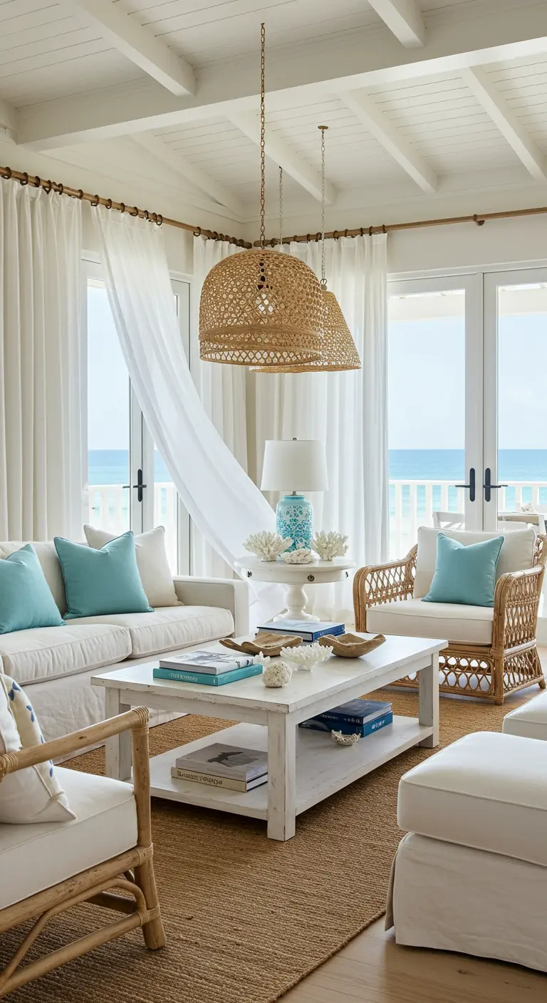 Coastal woonkamer met witte banken, rotan stoelen en uitzicht op zee.