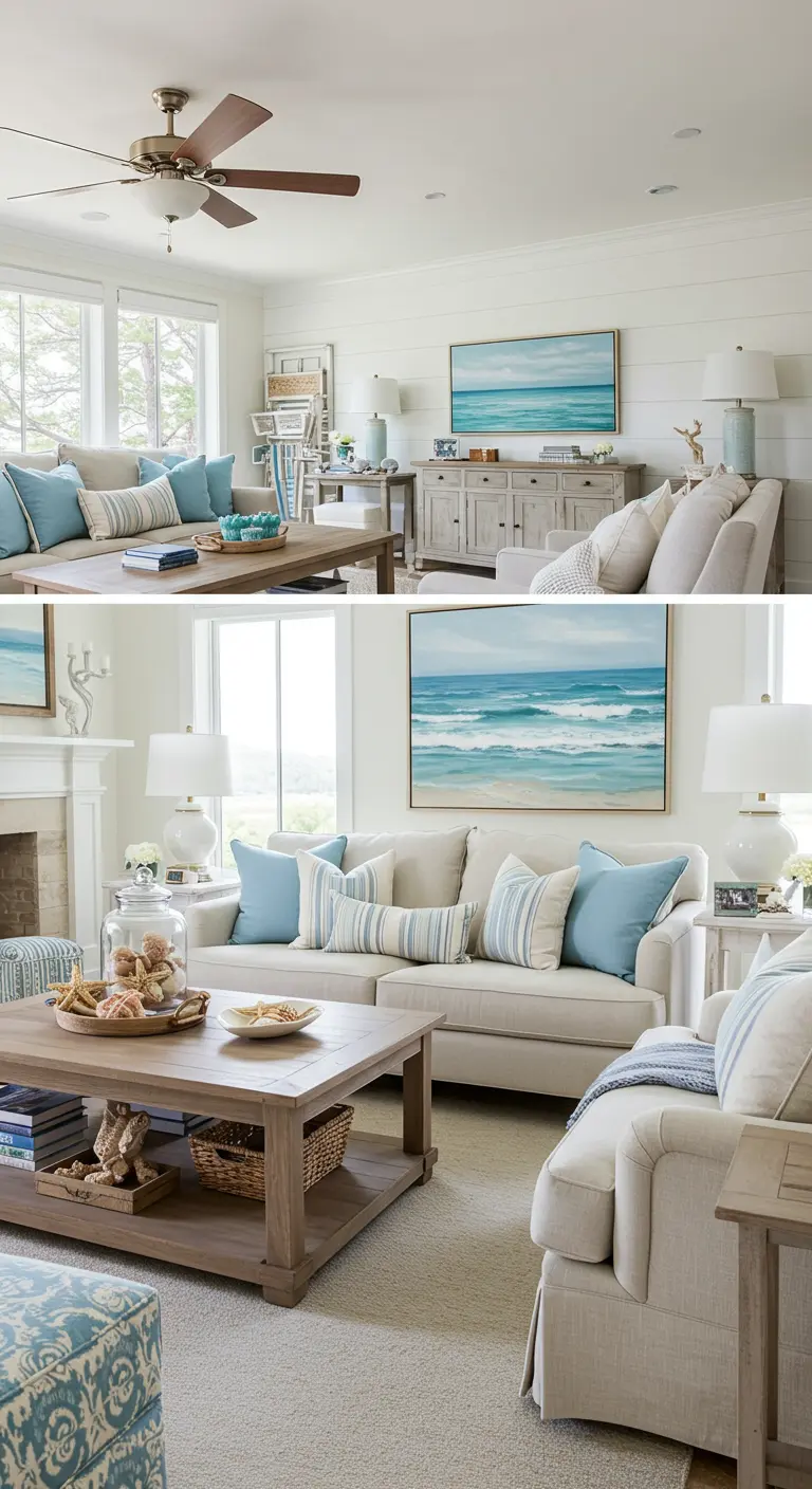 Woonkamer in coastal stijl met witte en lichtblauwe tinten, houten meubels en zee-accessoires.
