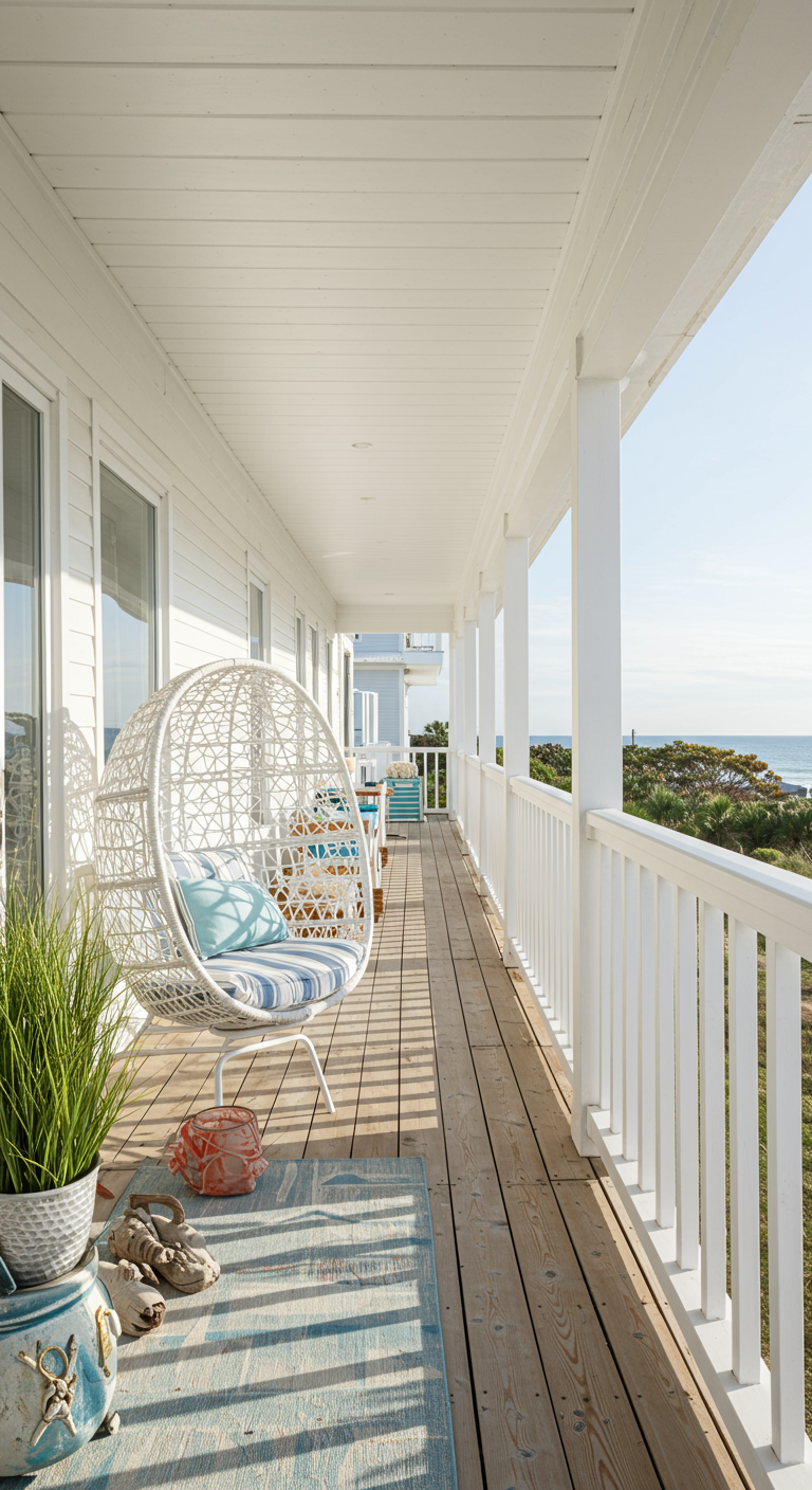 Witte rotan hangstoel op een veranda met houten vloer, blauwe accenten en uitzicht op zee.