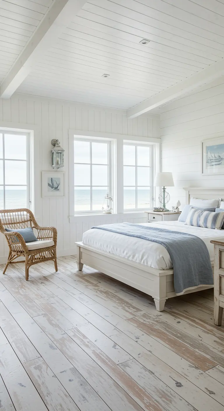 Lichte coastal slaapkamer met witte houten muren, vloer en blauwe accenten.