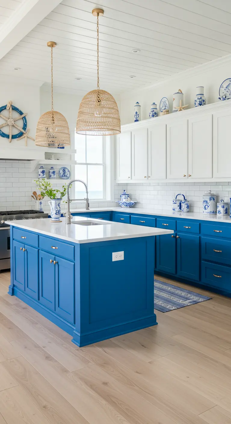 Kuststijl keuken met blauwe onderkasten, witte bovenkasten en nautische decoratie.
