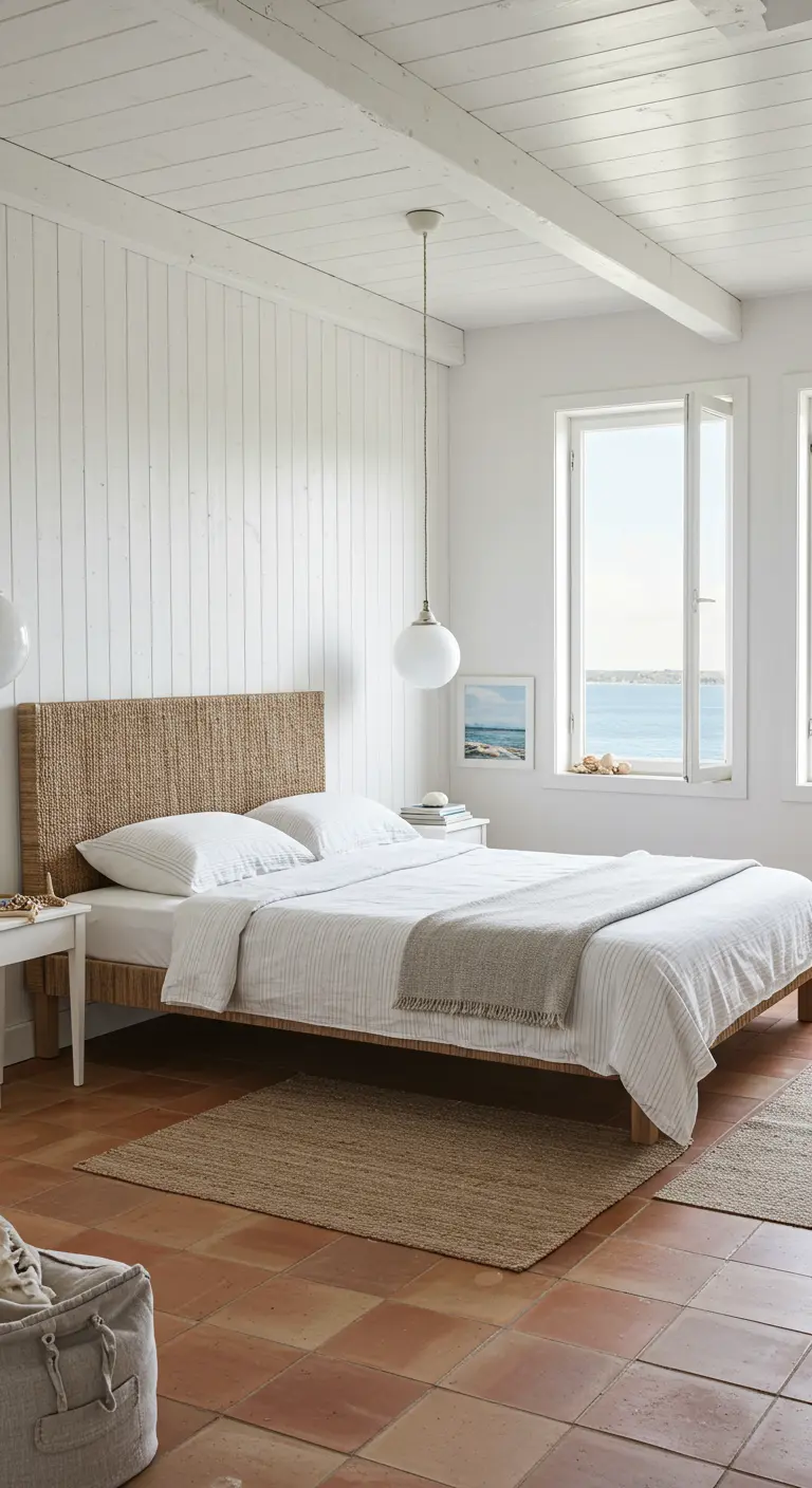 Kustachtige slaapkamer met witte houten lambrisering, geweven hoofdbord en zeezicht.