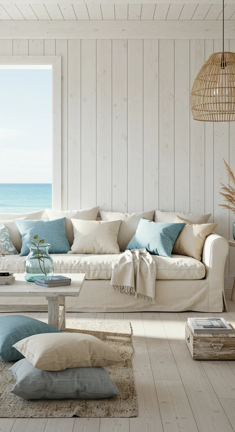 Beige bank met zachtblauwe, witte en beige linnen kussens in een kusthuis interieur.