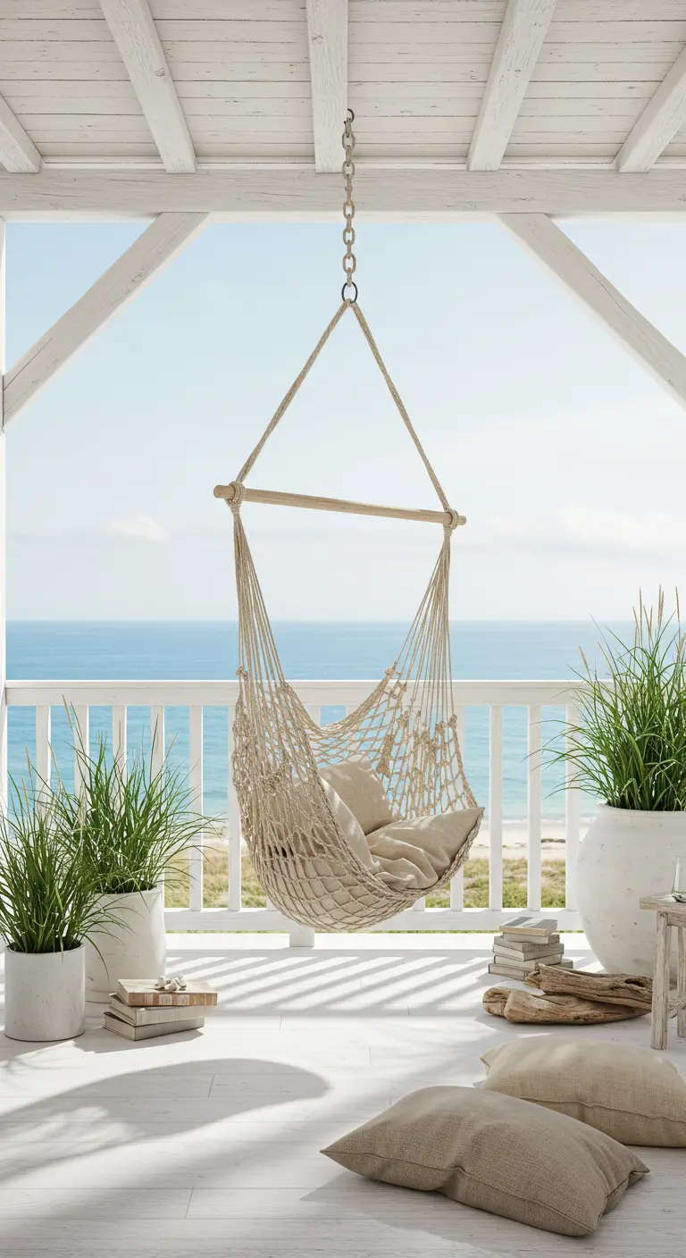 Luchtig balkon met macrame hangstoel, witte vloer en een serene zeezicht.