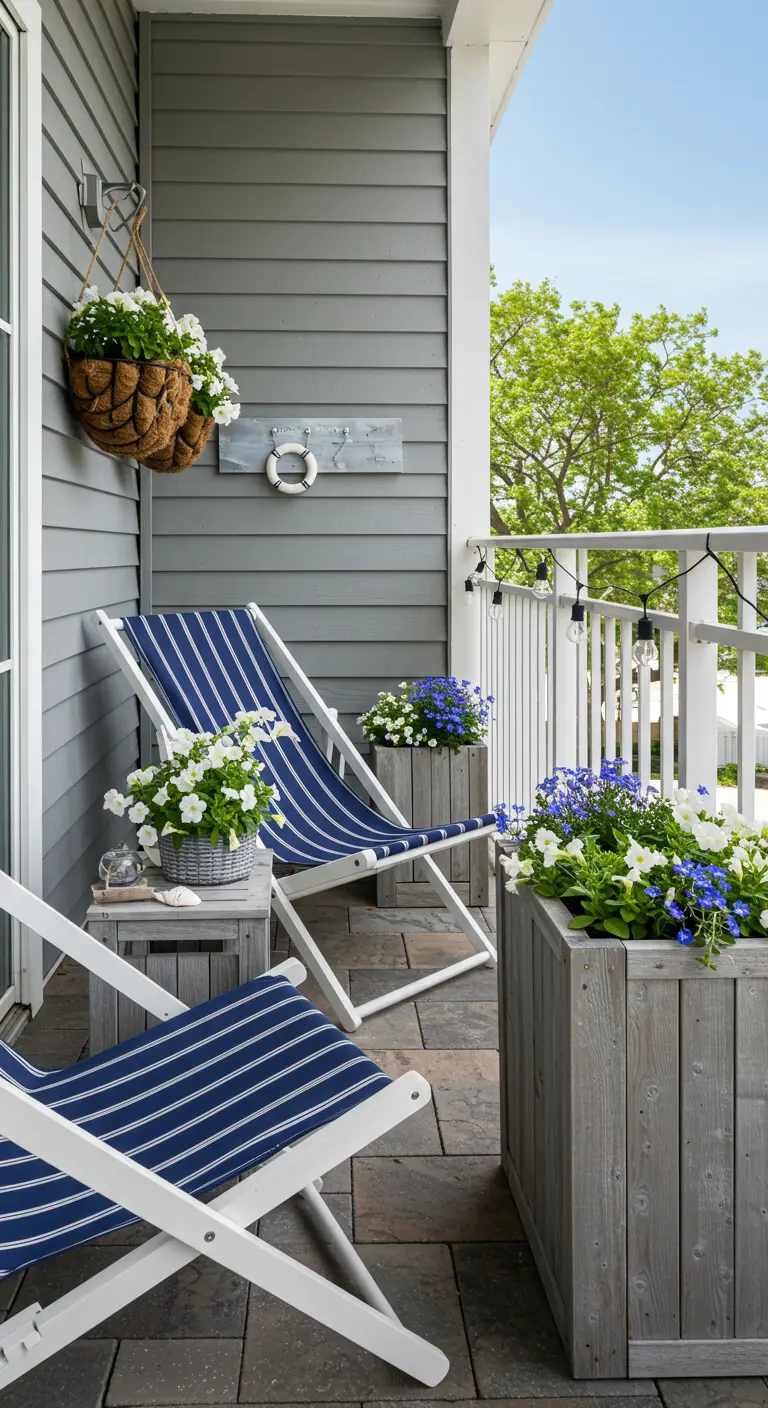Balkon in maritieme stijl met blauw-wit gestreepte strandstoelen en houten plantenbakken.