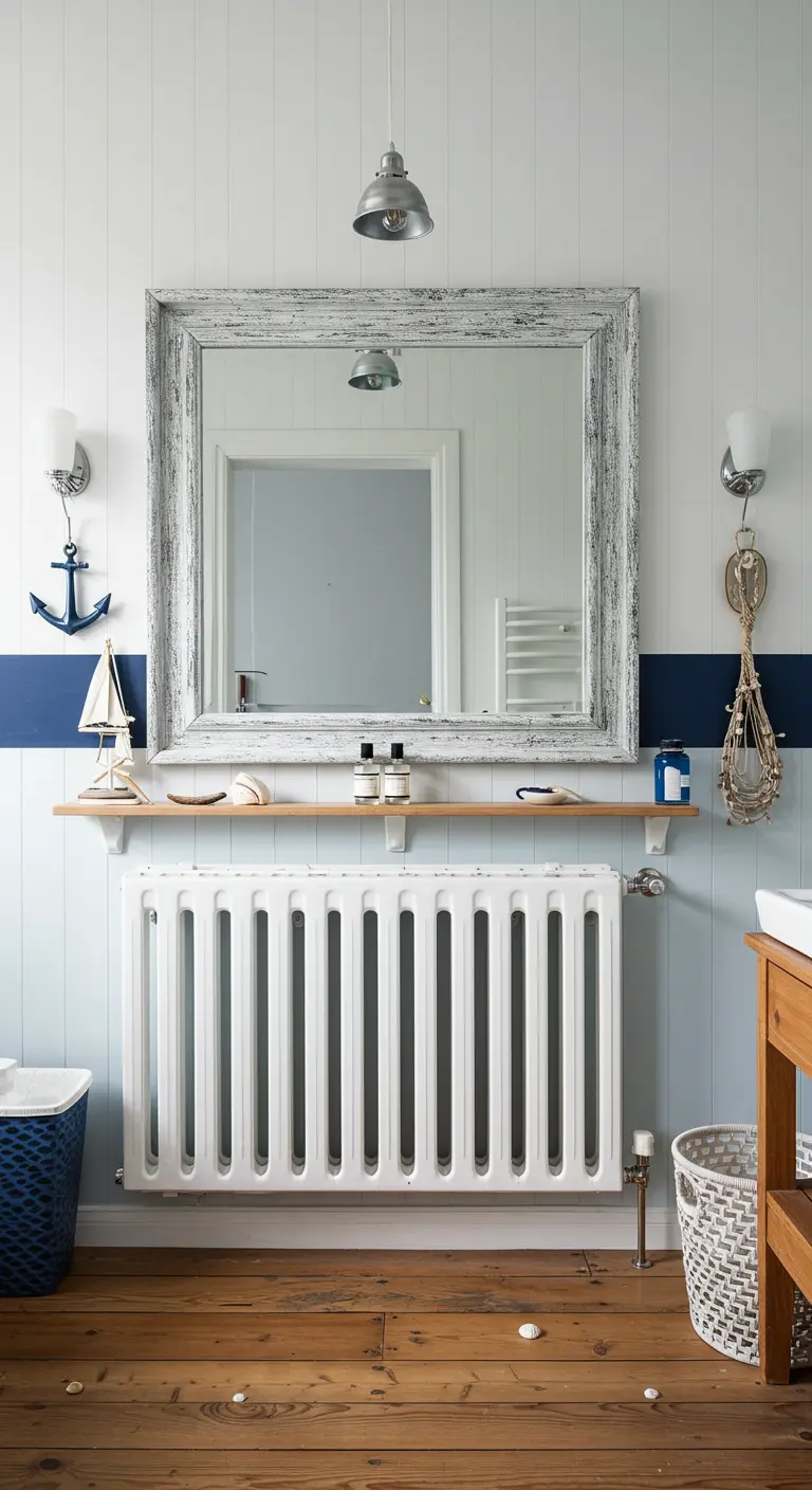 Witte radiator onder een houten plank met maritieme decoratie-items en blauwe accentmuur.