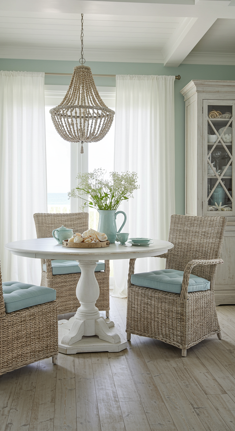 Kuststijl eethoek met ronde witte tafel, rieten stoelen en kralen kroonluchter.