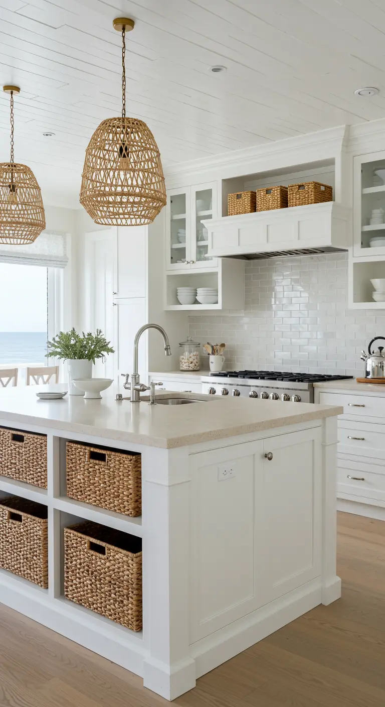 Witte beachy keuken met rieten manden en een licht natuurstenen werkblad op het eiland.