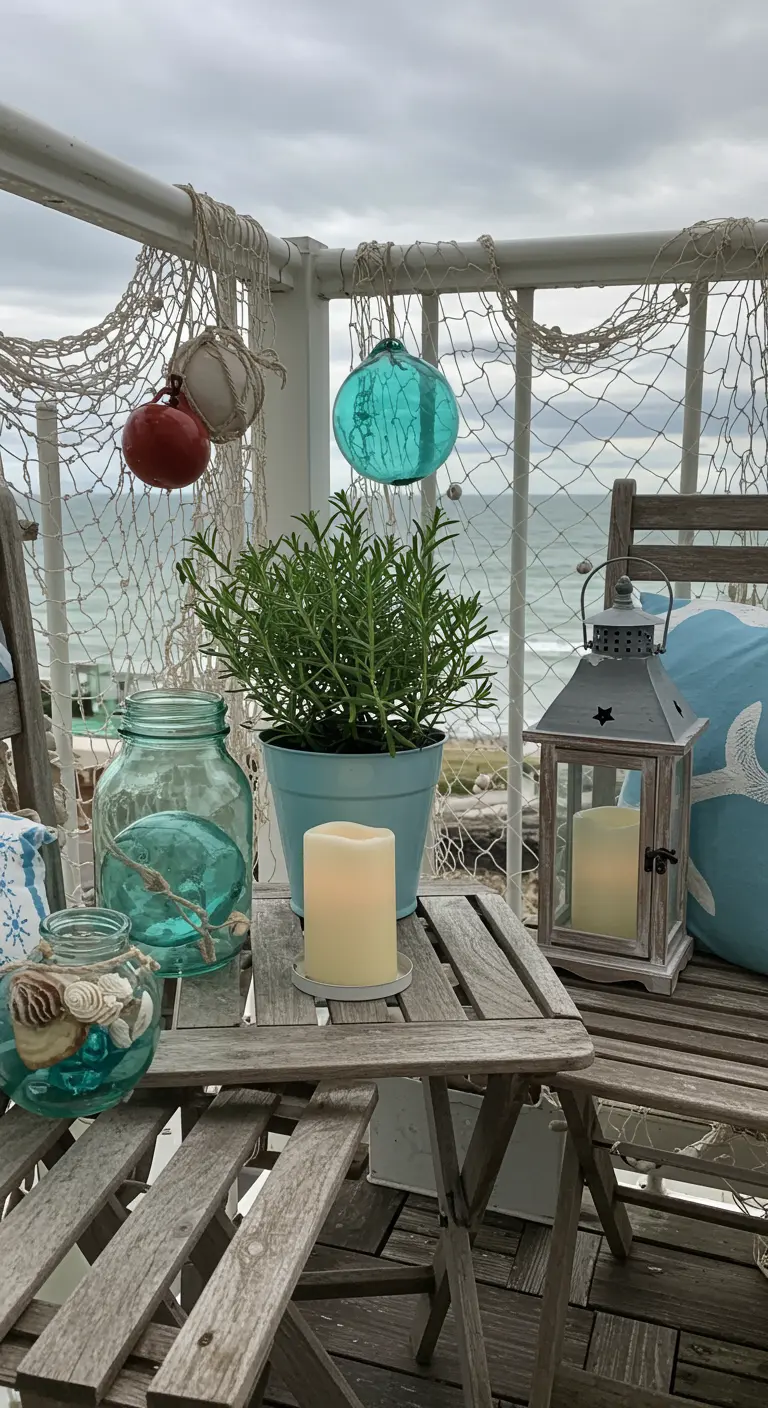 Nautisch balkon met visnet, glazen vlotters, houten stoel en schelpen.