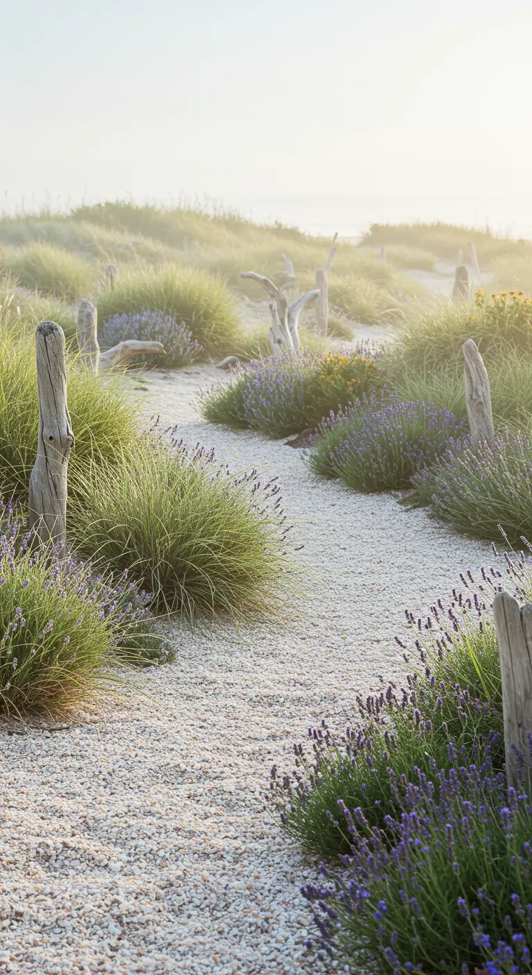 Wit grindpad in duinachtige tuin met lavendel, grassen en houten paaltjes.