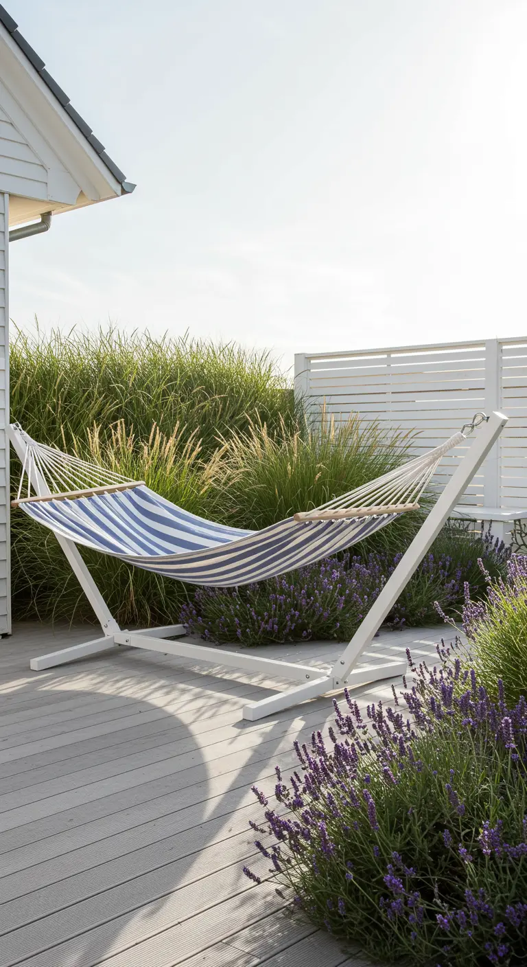 Blauw-wit gestreepte hangmat in wit frame op vlonder, omringd door grassen en lavendel.