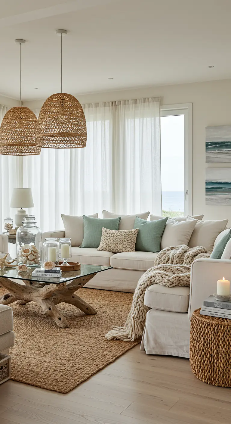 Kuststijl woonkamer met rotan lampen en drijfhout salontafel.