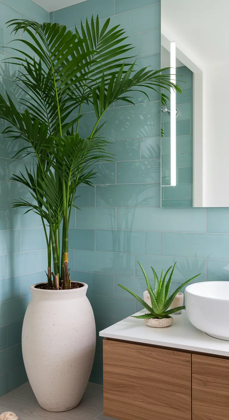 Hoge palm in witte pot en Aloë Vera op wastafel in badkamer met lichtblauwe tegels.