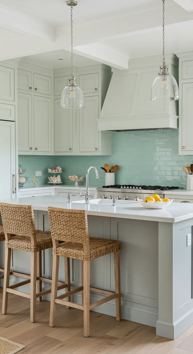 Keuken met licht houten eiland, rieten barkrukken en mintgroene accenten.