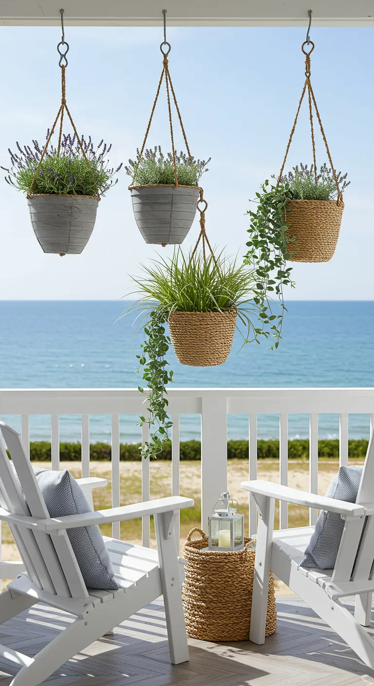 Rotan en grijze hangpotten met planten op een balkon met uitzicht op zee.