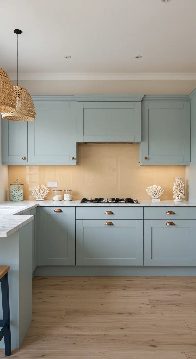 Keuken met blauwgrijze kasten, een zachtgele glazen achterwand en rieten lampenkappen.