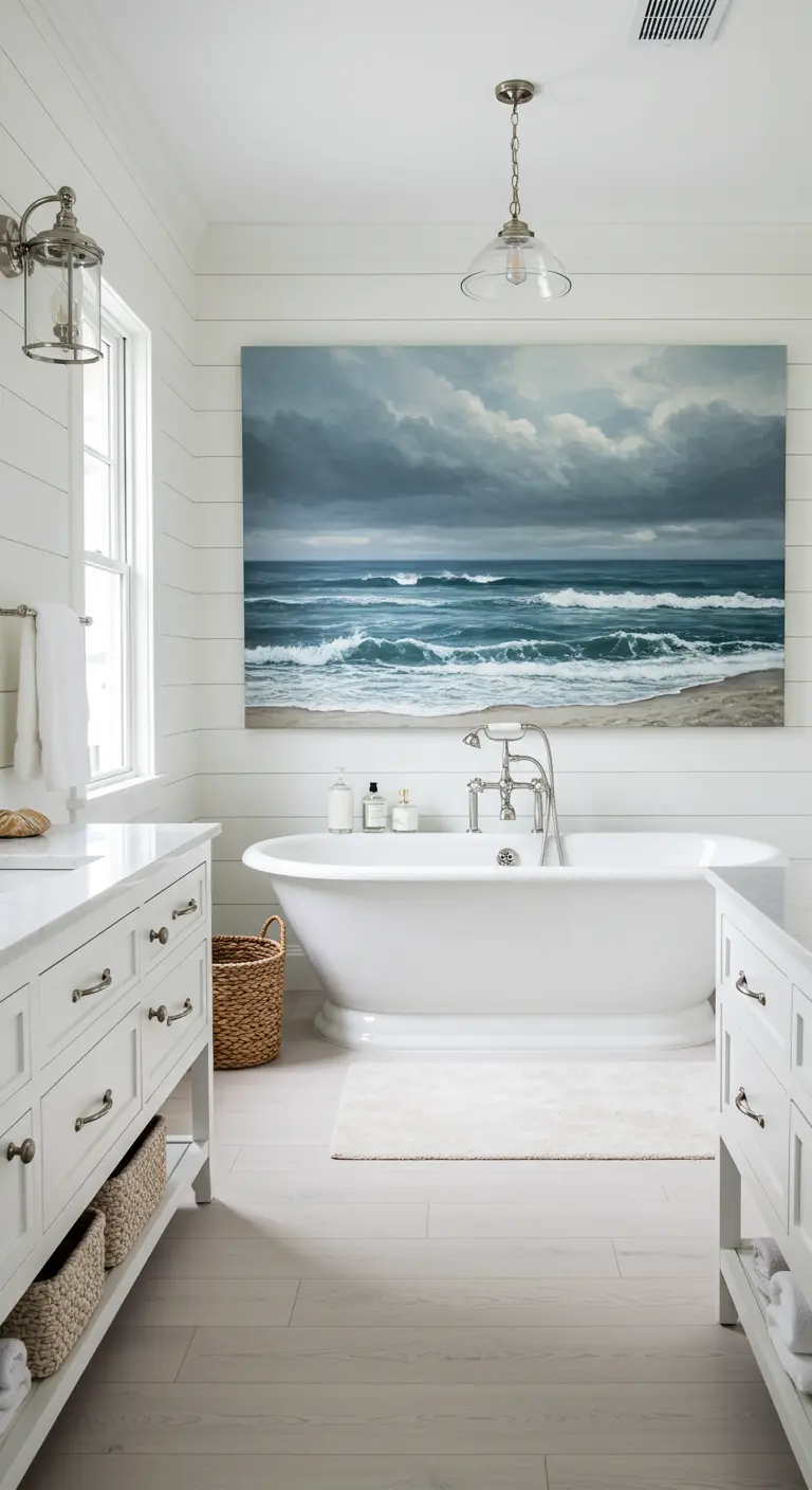 Lichte badkamer in kuststijl met een groot schilderij van een stormachtige zee boven het bad.