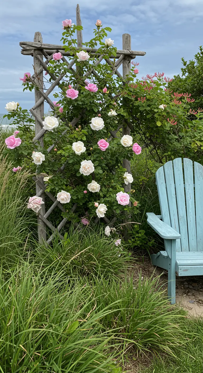 Houten trellis met roze en witte klimrozen naast een blauwe Adirondack stoel en siergrassen.