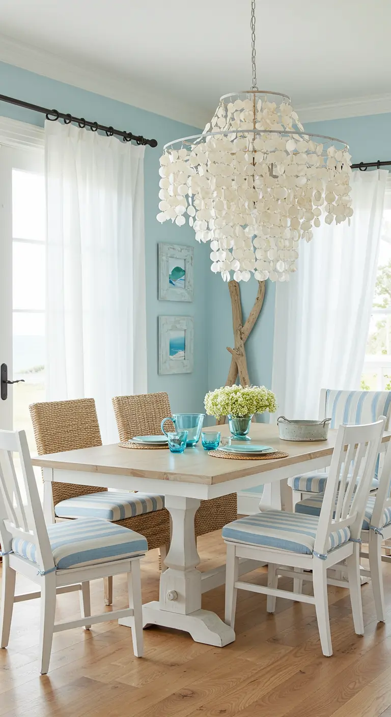 Witte schelpenlamp boven een witte houten eettafel in een lichte, beachy eetkamer.