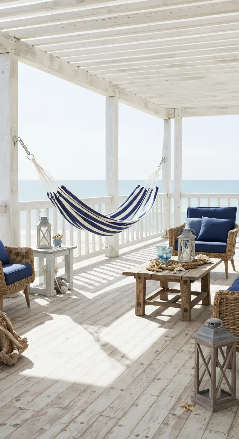Blauw-wit gestreepte hangmat op een witte houten veranda met rieten meubels en zeezicht.