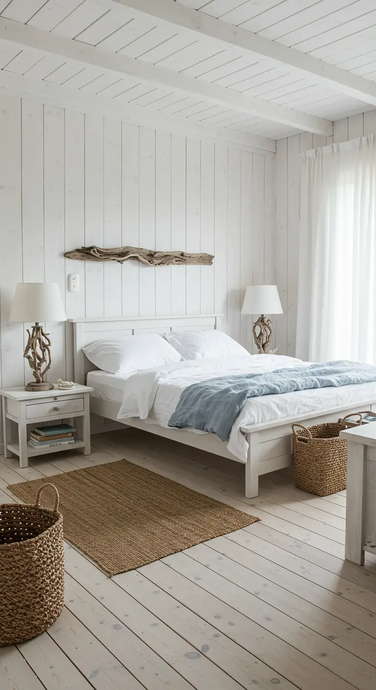 Witte houten slaapkamer met blauwe accenten en jute details.