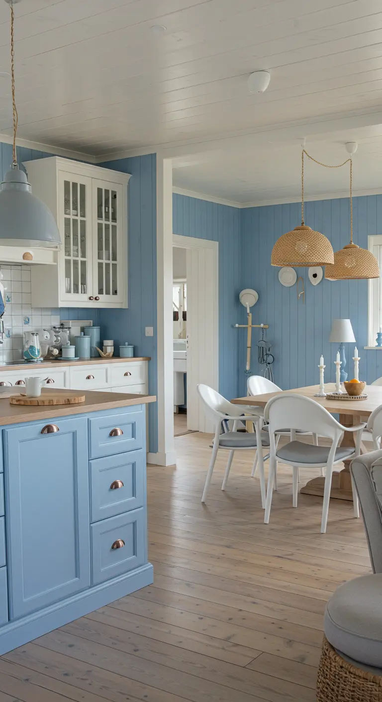 Lichtblauwe open keuken met houten blad en rieten lampen boven de eettafel.