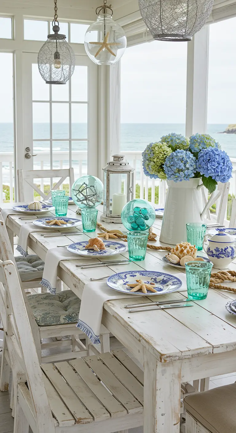 Lichte eetkamer met uitzicht op zee, maritiem tafeldecor en blauw-wit vintage servies.