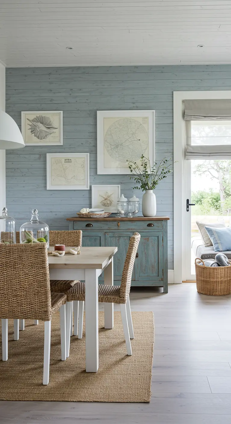 Coastal eethoek met blauwgrijze houten lambrisering en ingelijste kaarten en schelpen.