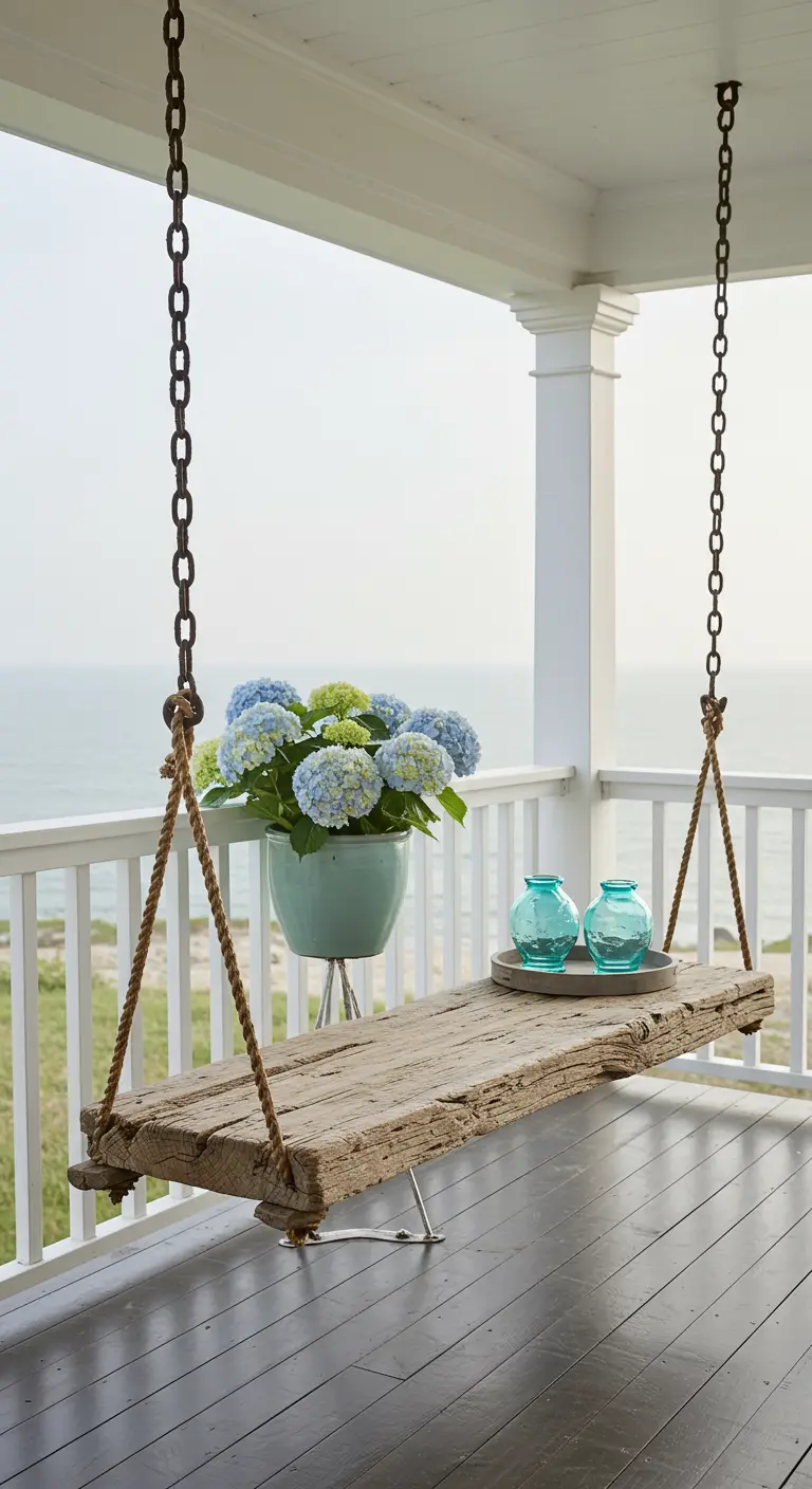 Houten plank schommel met dikke touwen op een witte veranda met uitzicht op zee.