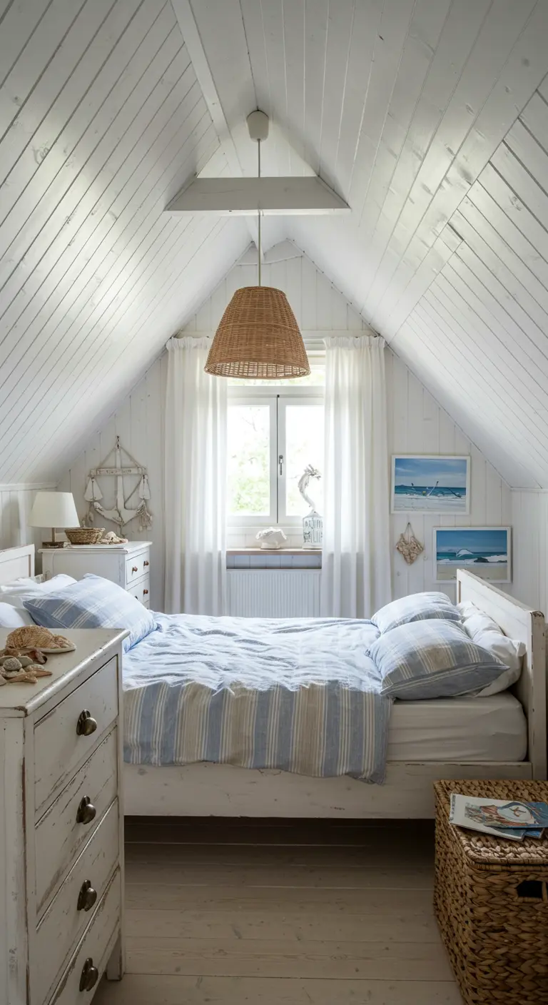 Lichte zolderslaapkamer in strandhuisstijl met witte houten panelen.