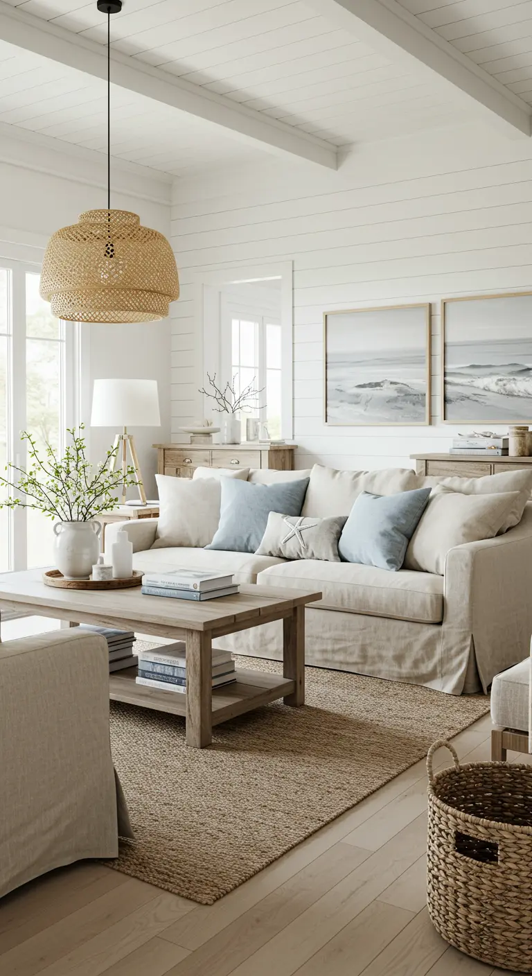 Lichte woonkamer in kusthuisstijl met linnen bank, licht houten meubels en blauwe accenten.