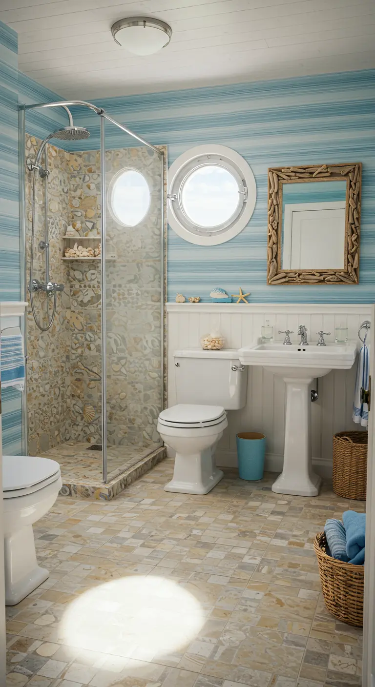 Nautische badkamer met blauw-wit gestreepte muren en schelpenmozaïek in de douche