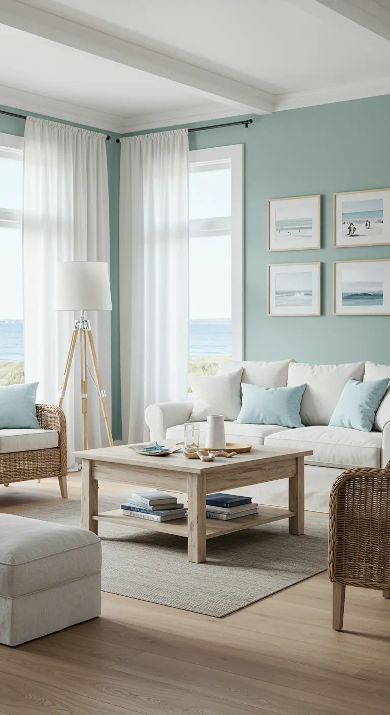 Lichte woonkamer in kuststijl met zeegroene ondermuur en witte accenten.