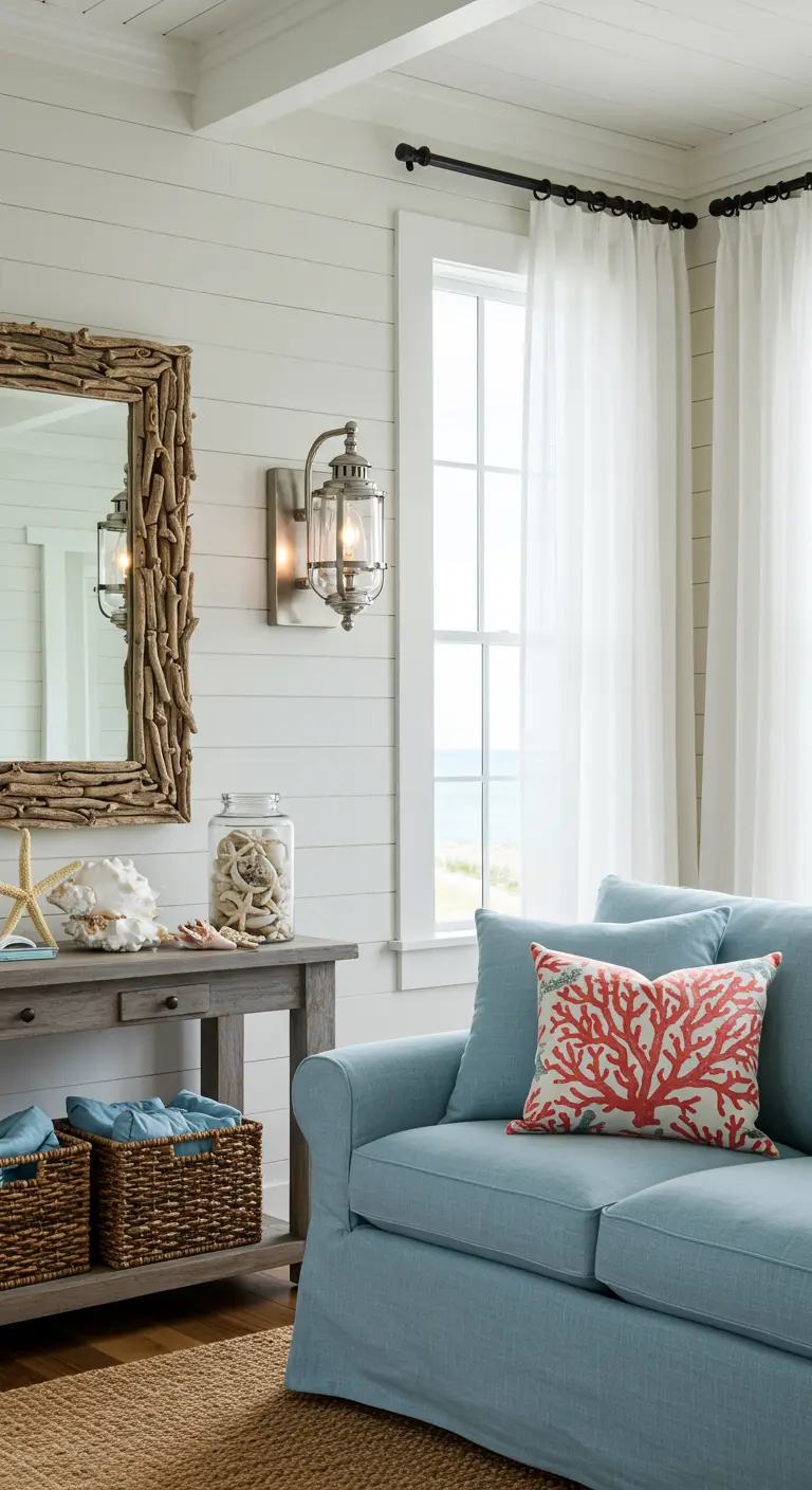 Woonkamer in kuststijl met witte houten lambrisering, blauwe bank en een lantaarn-stijl wandlamp.