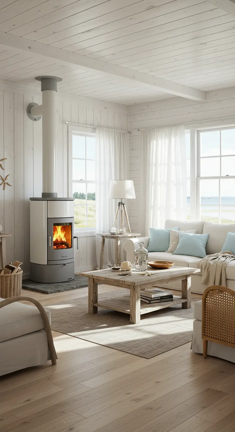Witte houtkachel in een lichte coastal woonkamer met witte muren en meubels.