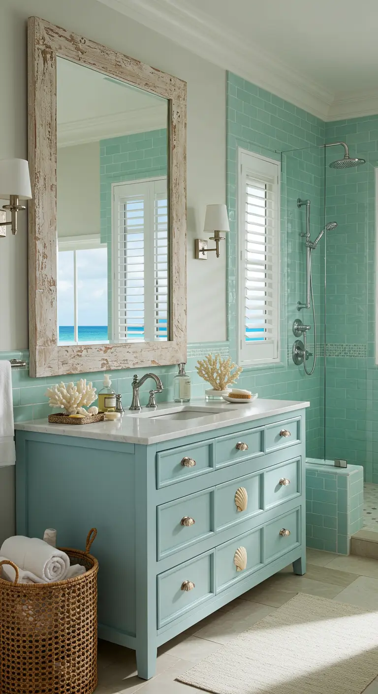Spiegel met verweerde houten lijst in badkamer met turquoise meubel.