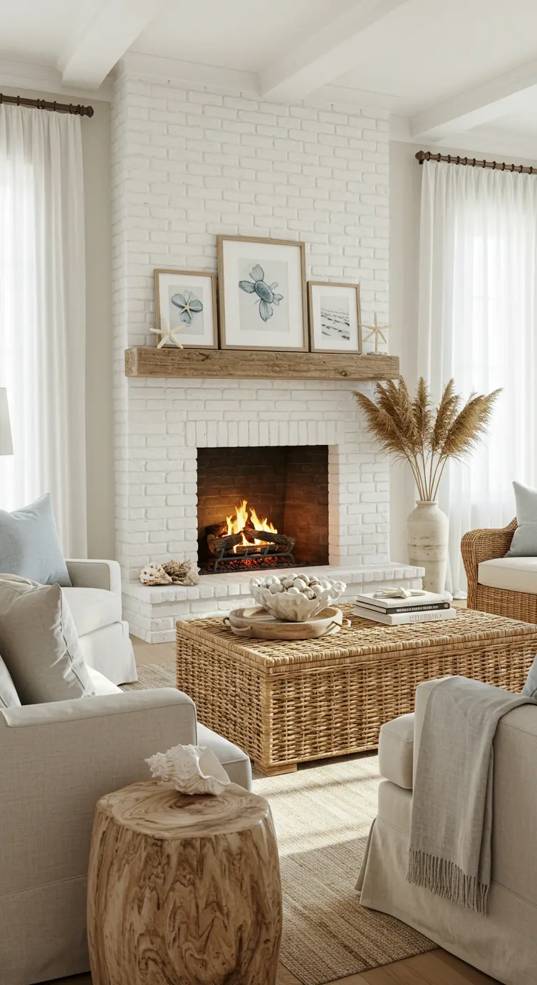 Coastal woonkamer met witgeschilderde bakstenen haard en rotan meubels.