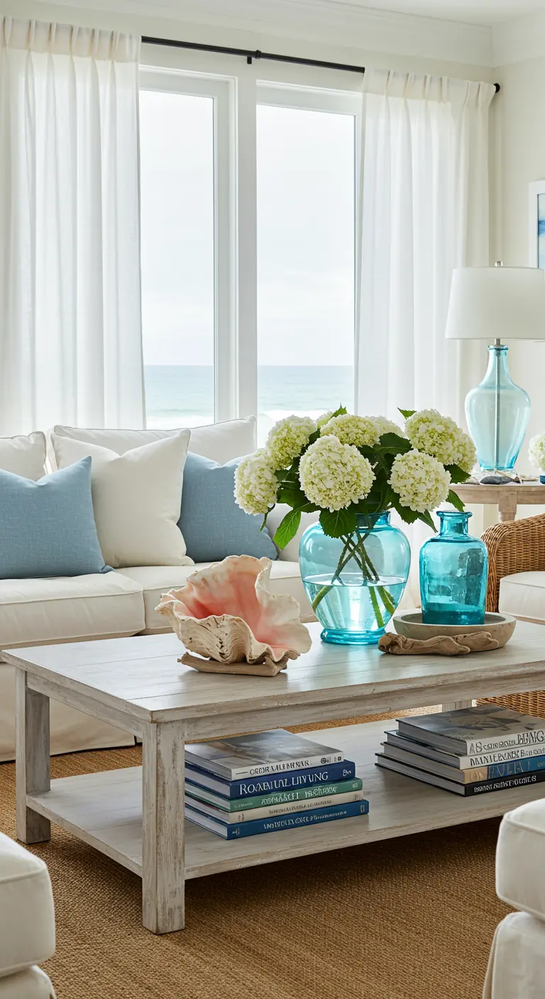 Witte houten salontafel met schelpen, blauwe vazen en witte bloemen in een strandstijl woonkamer.