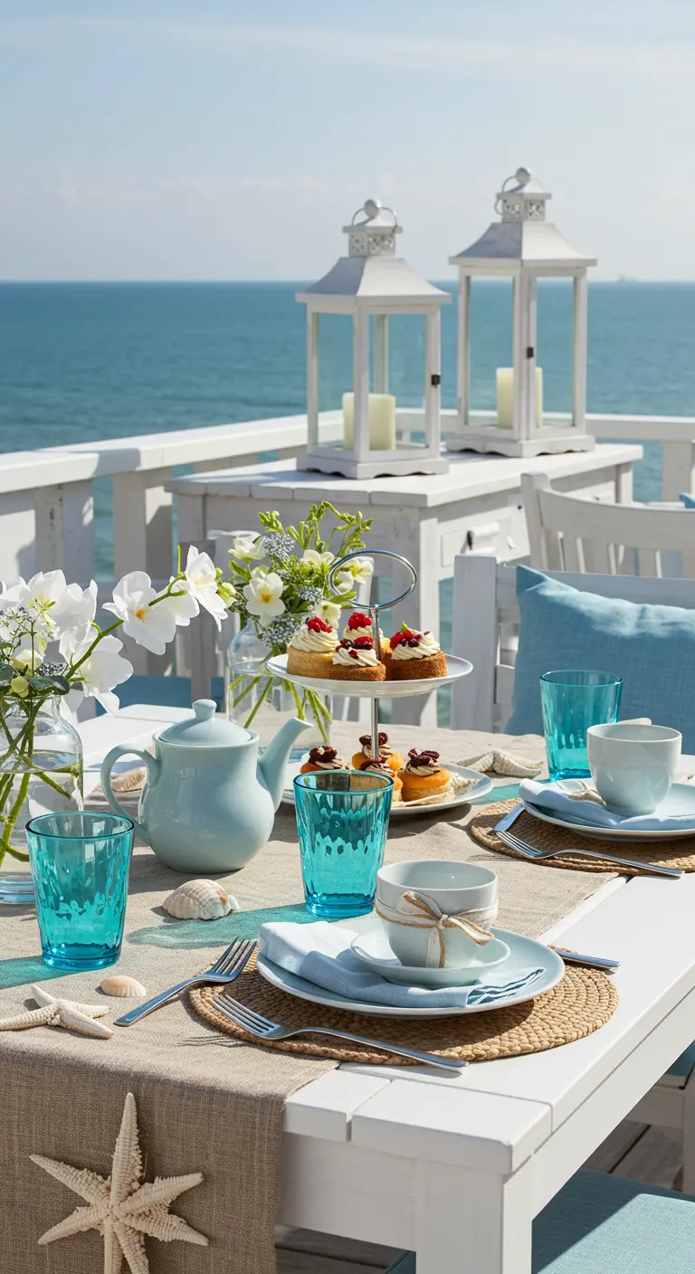 High tea aan zee met witte meubels, turquoise glazen, schelpen en lantaarns.