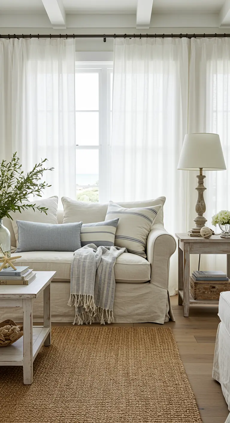 Lichte, strandstijl woonkamer met witte bank, blauwe kussens en jute vloerkleed.